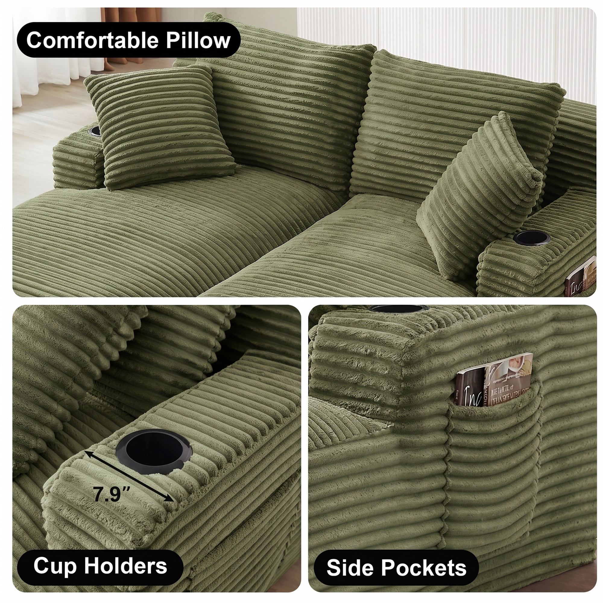 Aukfa 69" Oversized Double Chaise Lounge Boneless Couch Modular Loveseat Sleeper Sofa Bed for Living Room, 2 Cup Holders, Corduroy, Green