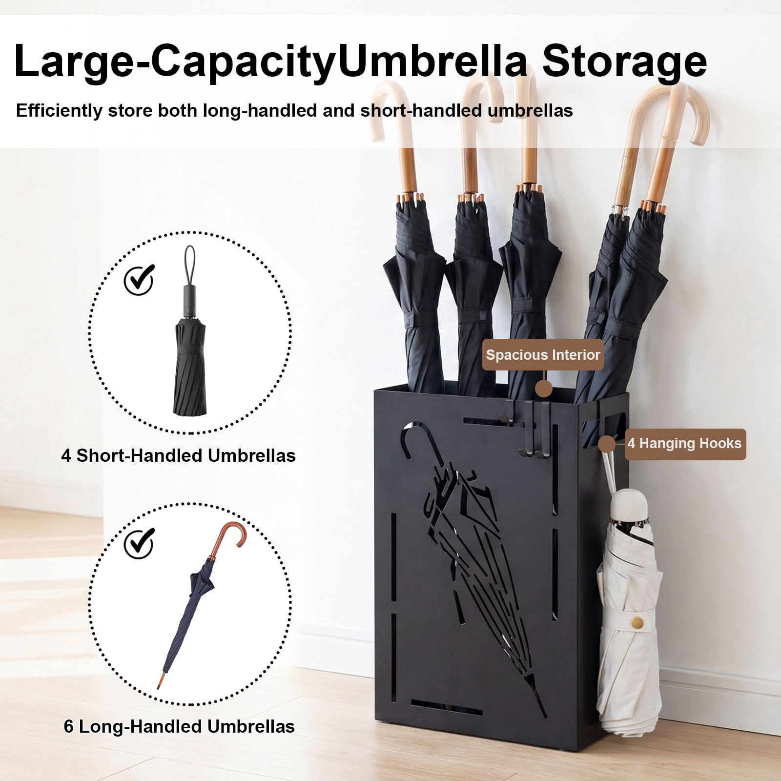 Costway Metal Umbrella Stand with Removable Drip Tray and 4 Hanging Hooks,Cutout Design
