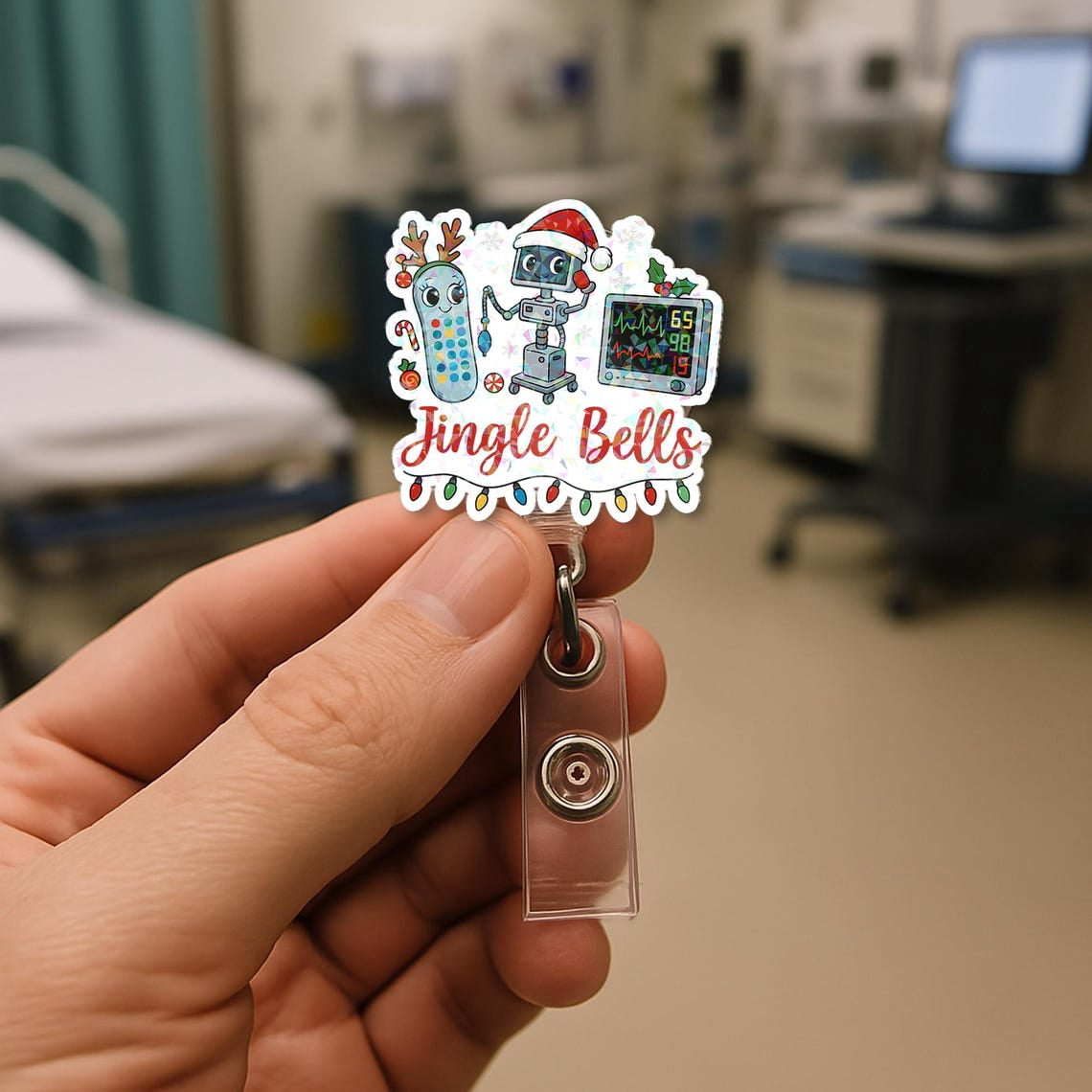 TiniDecor Jingle Bells Robot Nurse Badge Reel, Retractable ID Holder, Cute Christmas Gift for RN
