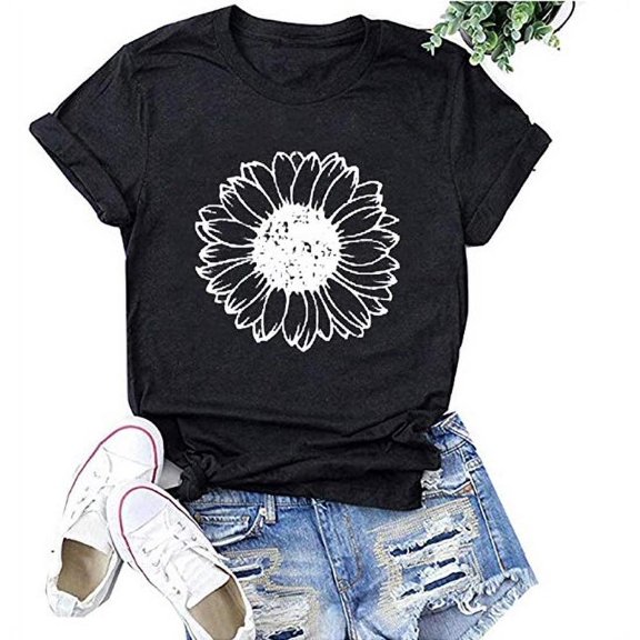 Women's Sunflower T Shirts Vintage Short Sleeve Cotton Graphic Printed Tees Tops