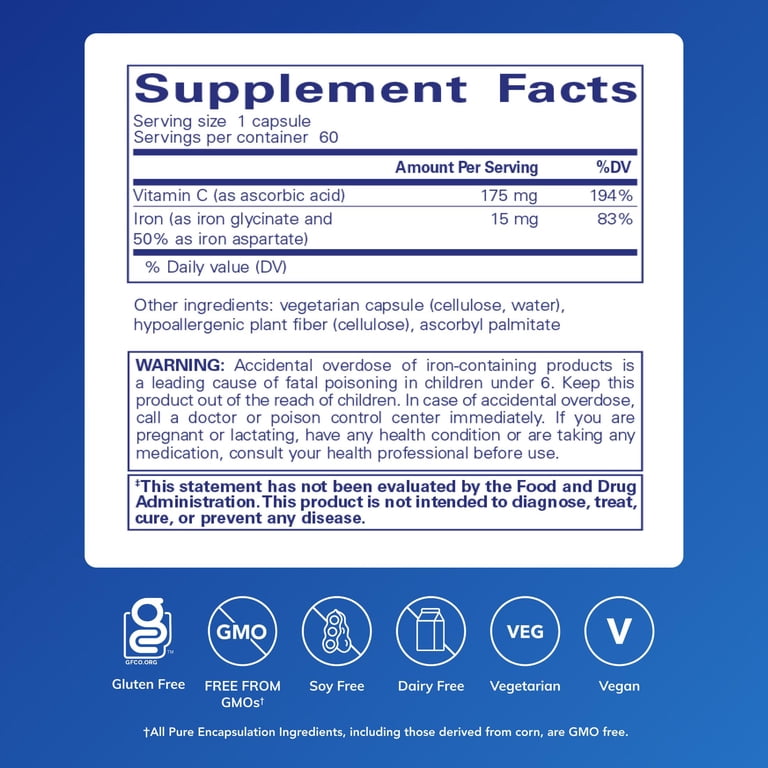 Pure Encapsulations Iron-C, 15 mg with Vitamin C, 60 Capsules photo 2