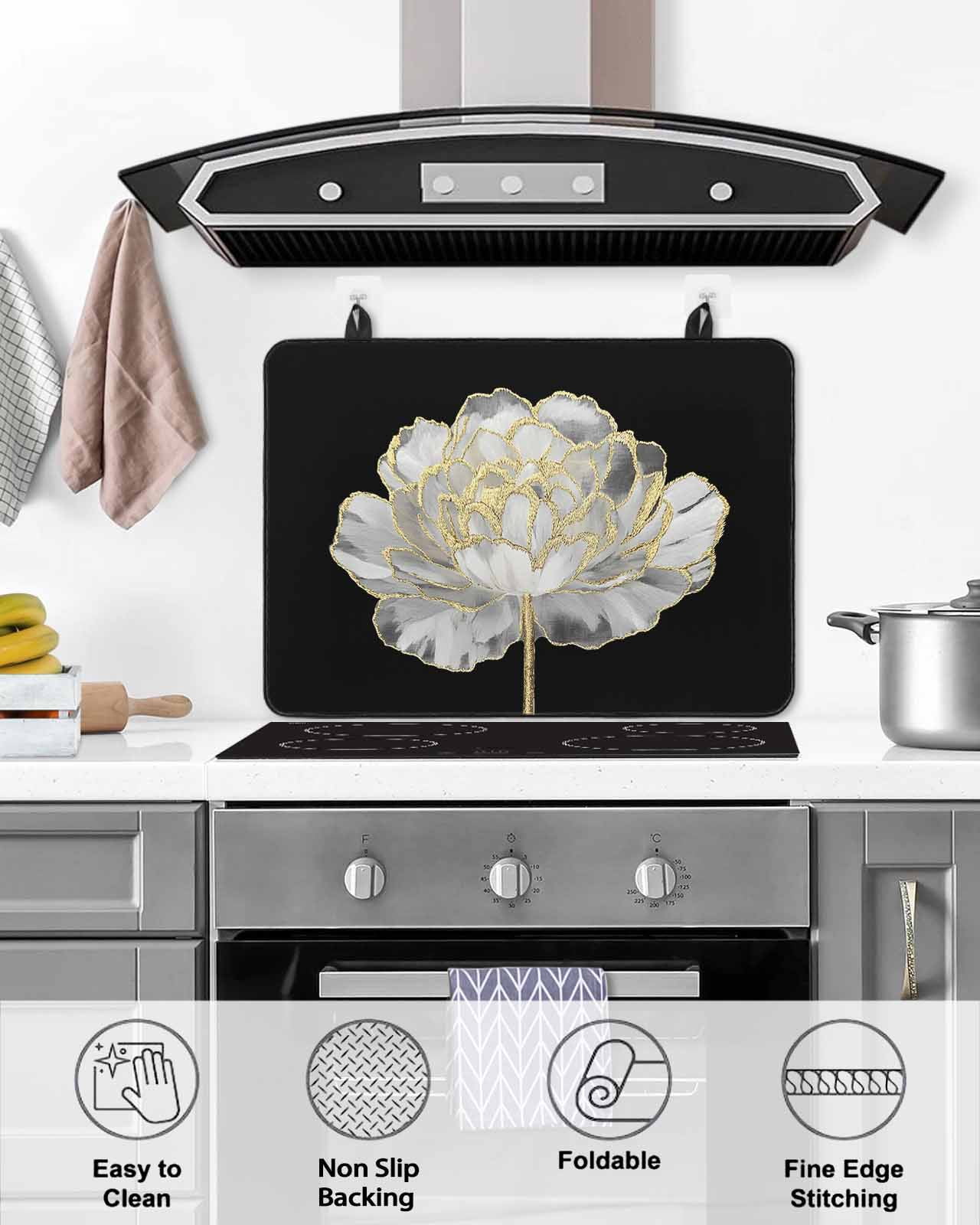 nqOlkjepod Large Induction Cooktop Protector Mat 36"x21", Flower Black Stove Top Covers for Electric Stove, Gold White Abstract Floral Aesthetic Stove Burner Cover Mats, Glass Top Stove Cover