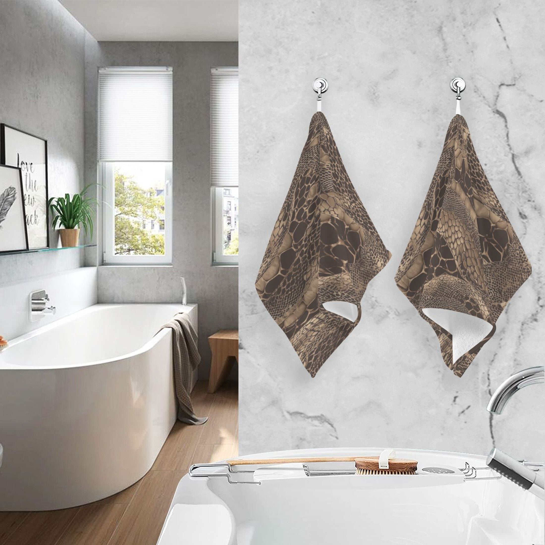 2 Pcs Absorbent Face Towel Bath Hand Towels Soft Breathable Cotton Towel Set for Bathroom Kitchen Hotel Spa Decor Brown Snakeskin