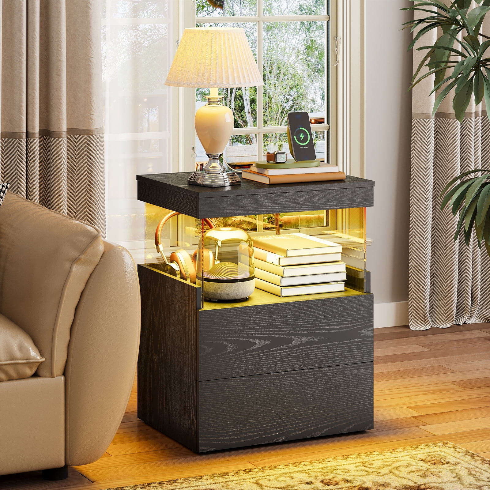 TOMNK Black Nightstand with Charging Station, Bedside Table for Bedroom, LED Nightstand, Modern Night Stand with Drawers, Black