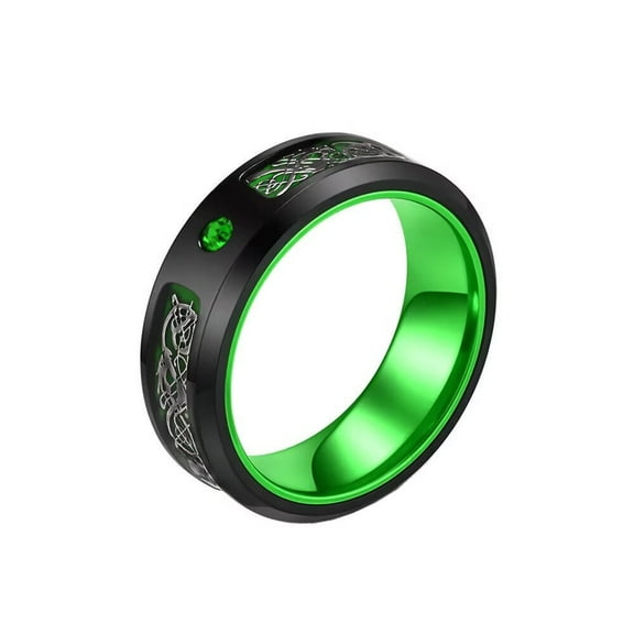 PAMTIER Men's Stainless Steel Cool Personality 8mm Two-Tone Crystal Inlay Creative Sketch Dragon Pattern Carved Ring Beveled Edges Green Size 11
