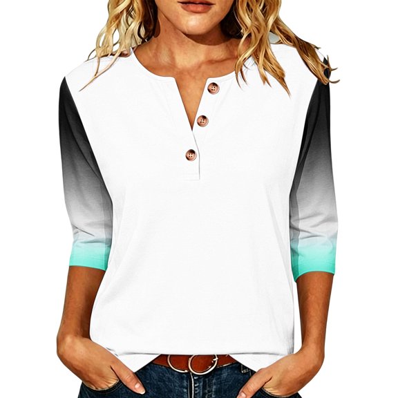 Gytharion Women's Ombre Henley Shirts 3/4 Raglan Sleeve Loose Color Block Casual Tops Button Placket Sporty Printed Tees for Spring and Summer
