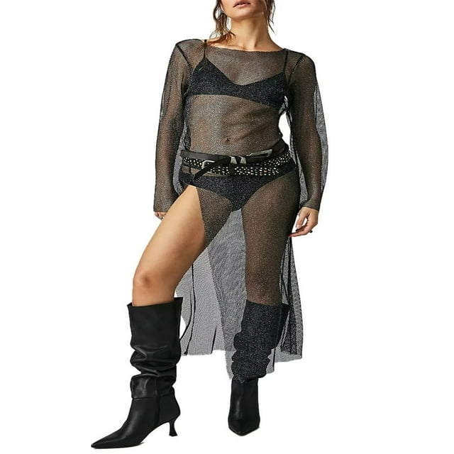Women‘s Long Sleeve See-Through Bodycon Maxi Long Dress Solid High Slit Dress