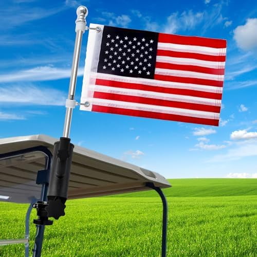 Golf Cart Flag Holder and Flag Pole Mount Kit Universal for EZGO Club Car Yamaha, Heavy Duty Bracket for 0.7"-1.4" Round/Oval Square Rails, Golf Push Cart, Boat, Included USA Flags (12"×18")