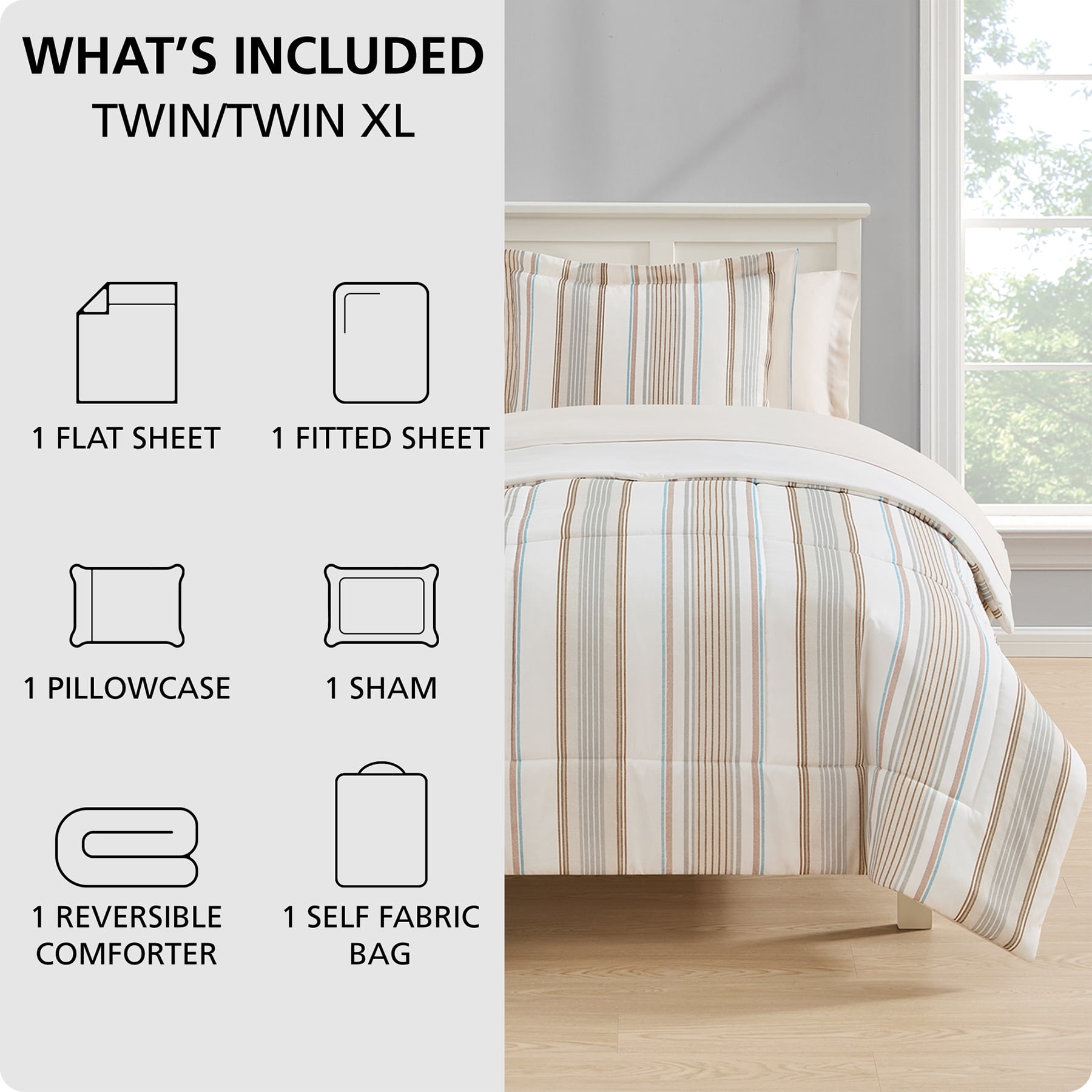Mainstays All in One Reversible Comforter and Sheet set- 5 Piece, Twin, Beige Stripe