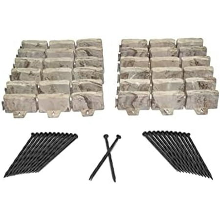 No-Dig Landscape Edging with Anchoring Spikes, 2.7 in Tall Decorative Stone-Look Garden Border, 15 Foot Kit, Brown