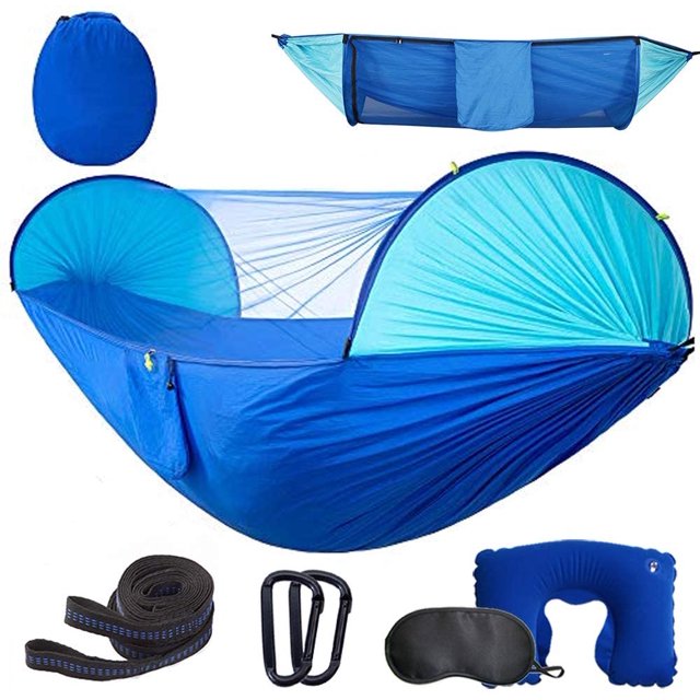 HALO with Mosquito Bug Netting,Packable Hammock with Tree Straps and Carabiners,Parachute Nylon Hanging Swing Hammock for Backpacking,Survival,Travel & More(Single & Double)-Light Blue