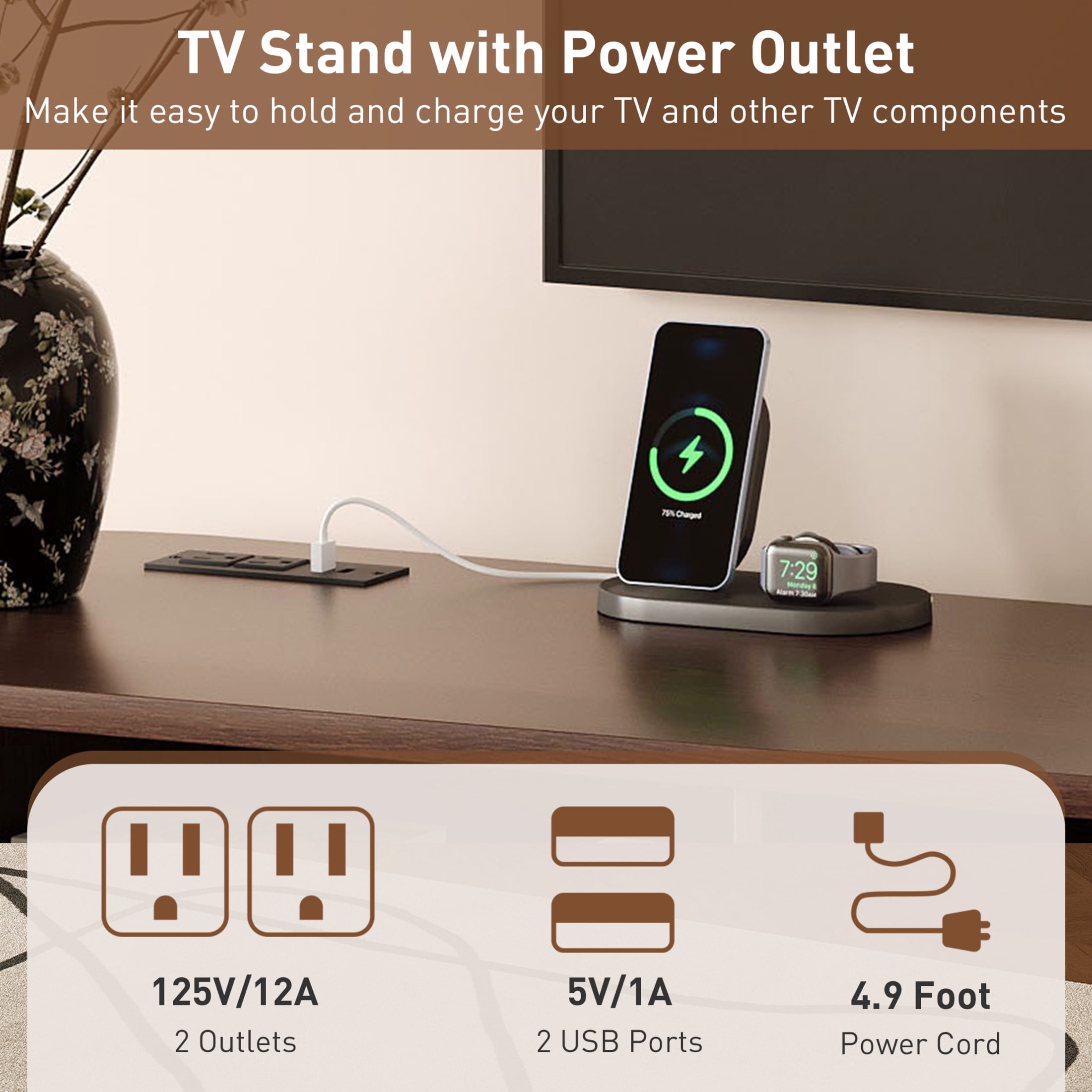 Noble House Modern TV Stand for TVs up to 80" with Tambour Doors, Drawers and Power Outlet, Dark Brown