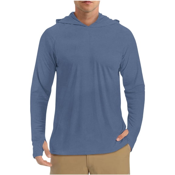 LEKWK Mens Sun Protection Shirt Long Sleeve Hooded Lightweight Quick Dry Pullover with Thumb Holes Soft Stretch Casual Workout Fishing Hiking Travel Athletic Tops Shirts Tees Navy M