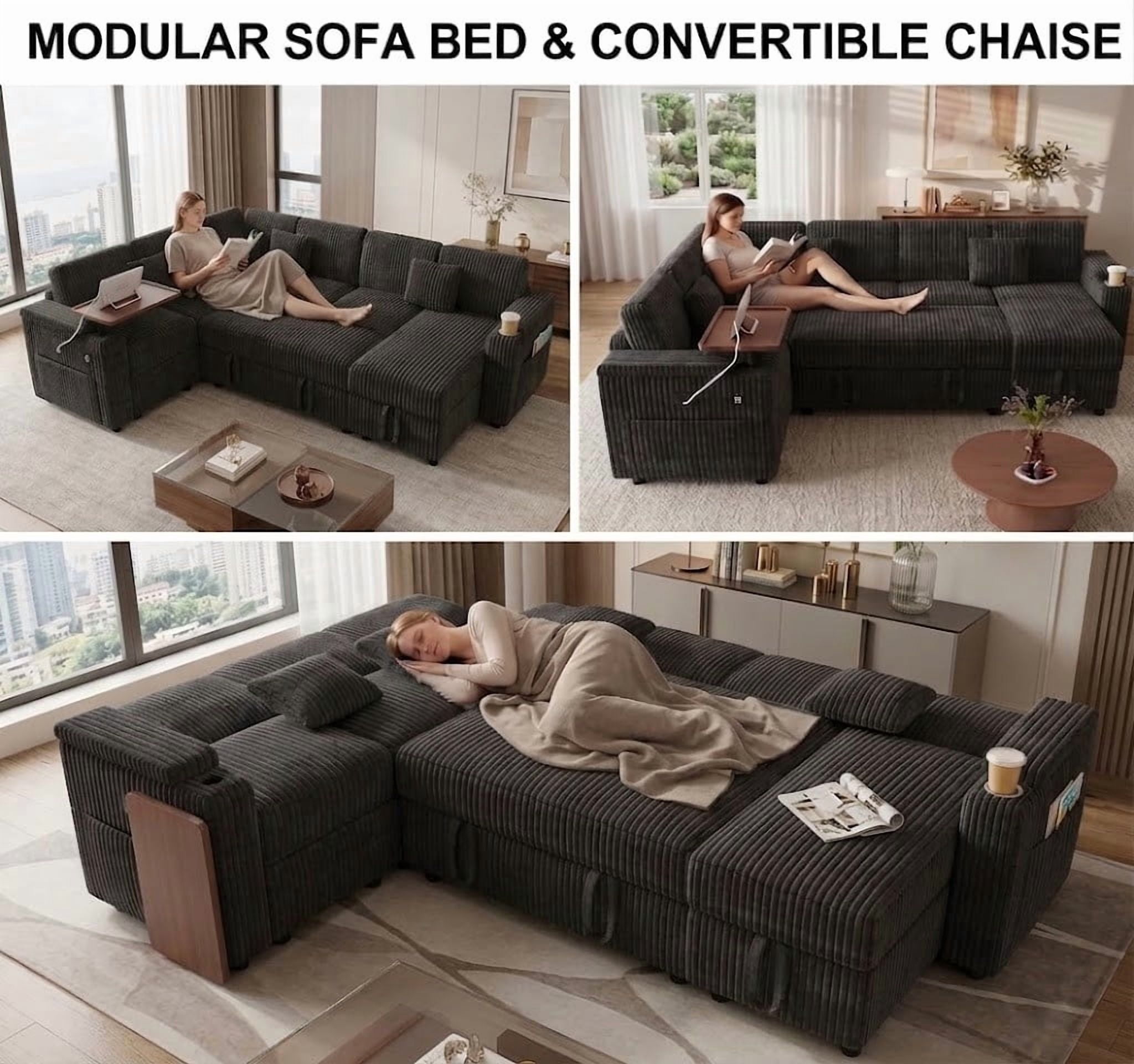 100" U-Shaped Sleeper Sofa with Pull-Out Bed, USB Charging Ports, Cup Holder, Flip-Top Table, Storage Chaise, Corduroy Sectional Couch for Living Room, Apartment & Guest Room
