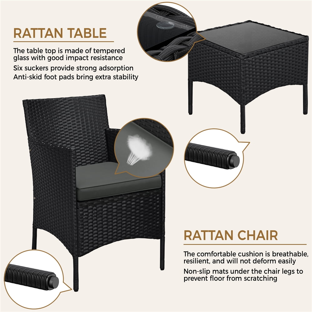 Yaheetech 3-Piece Patio Wicker Coffee Table and Chairs Set for Garden Deck, Black/Gray