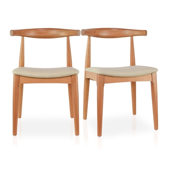 2xhome Set of 2 Contemporary Farmhouse Real Solid Wood Cloth Cushion Seat Dining Chairs Elbow Side Chair (Natural-Beige Seat)