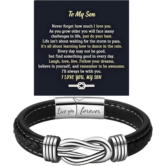 To My Son Bracelet From Mom, Infinity Knot Love You Forever Linked Together Stainless Steel Handmade Leather Cuff Mens Birthday Weave Gift Jewelry