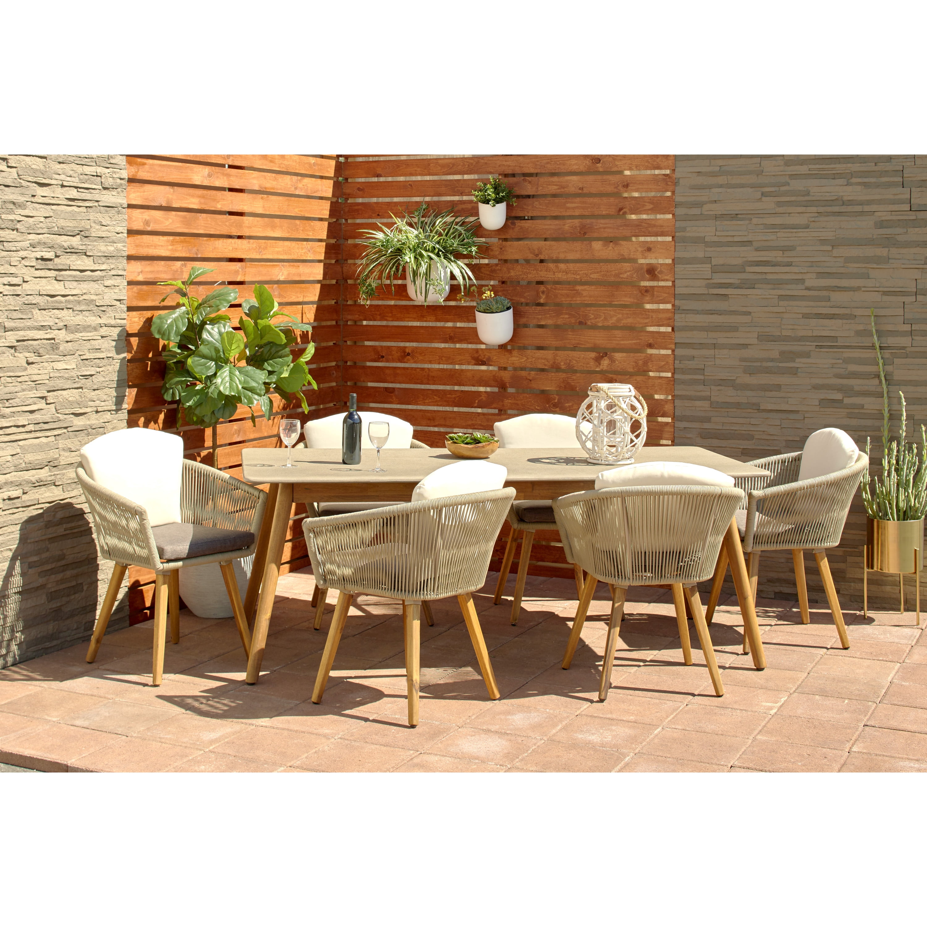DecMode Woven Rope Outdoor Dining Chair with Polyester Cushions and Slender Tapered Legs - Wood - Set of 2 - Light Brown