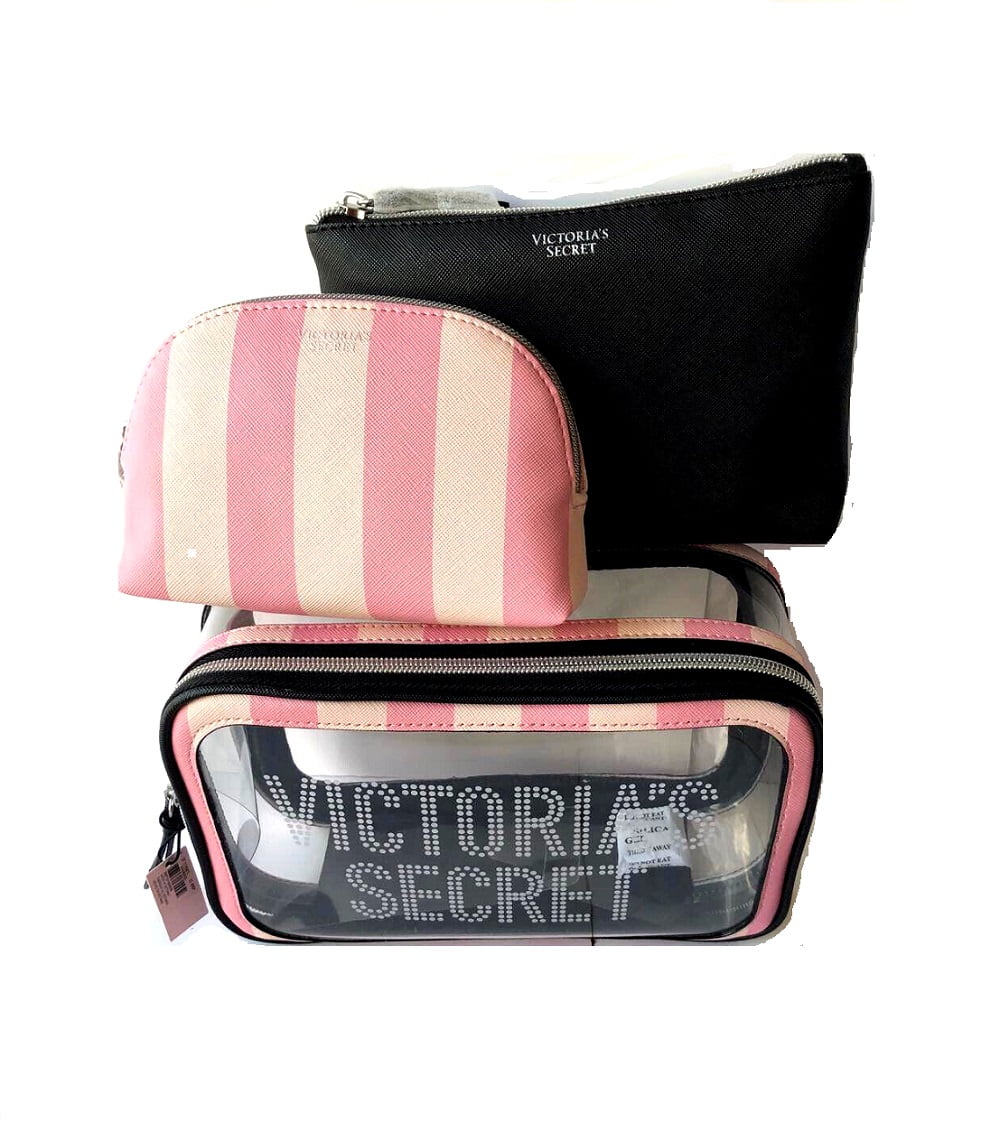 Victoria's Secret 3 in 1 Beauty Bag Set Clear Pink Stripe Cosmetic Trio  Makeup Case for Women New 