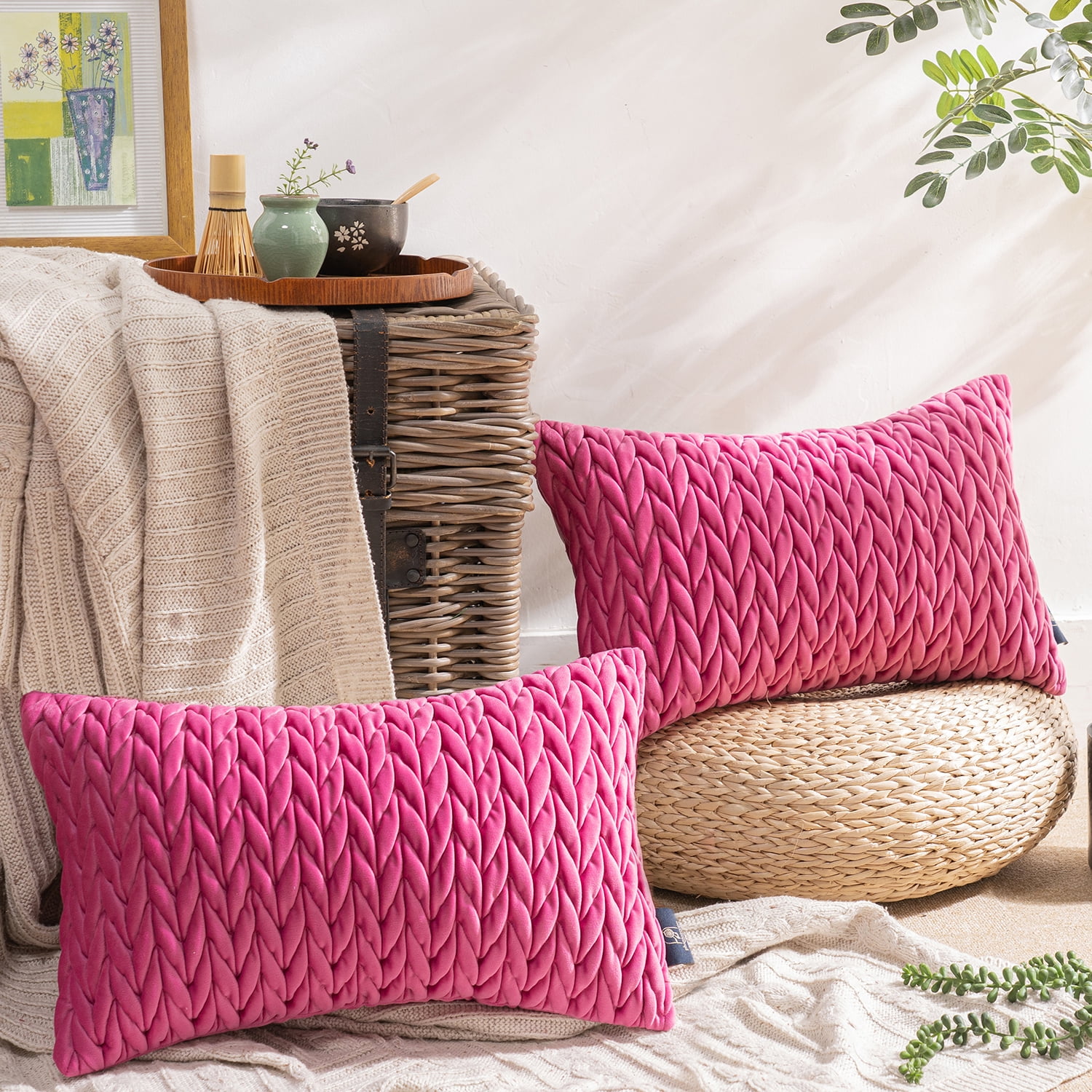 Phantoscope Quilted Velvet Lumbar Decorative Throw Pillows with Inserts, Braided Texture, Pink, 12 x 20 in, 2 Pack