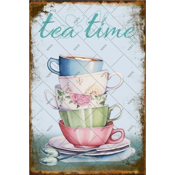 Noete Vintage Tea Cup Metal Tin Sign 8x12 Inch Retro Tea Cup Art Poster for Coffee Shop, Dessert Bar, Kitchen & Wall Decor