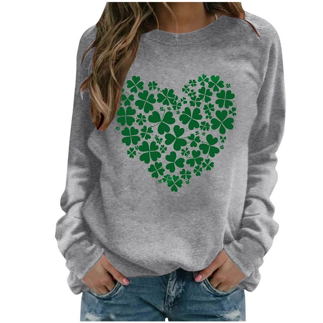 Mceream St Patricks Day Chandail en Molleton Décontracté Mode pour Femmes, Imprimé Graphique Trèfle Irish, Mignon, Manches Longues, Chandail, Grande Taille, Tenue de Vacances & Cadeau, Gris TTG