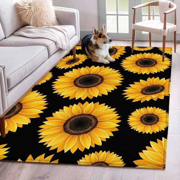 Yellow Sunflowers 2.7x5 Rug for Office Desk Chair Area Small Bedroom, Black Background Abstract Vintage Floral Washable Non Slip Rectangle Area Rug