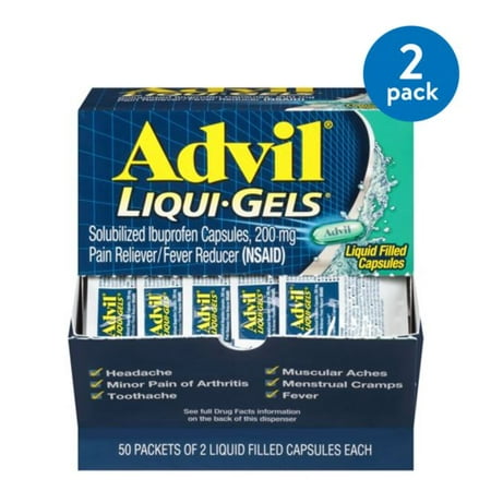 (2 Pack) Advil Liqui-Gels (50 Packets of 2 Capsules) Pain Reliever / Fever Reducer Liquid Filled Capsule, 200mg Ibuprofen, Temporary Pain Relief, Travel
