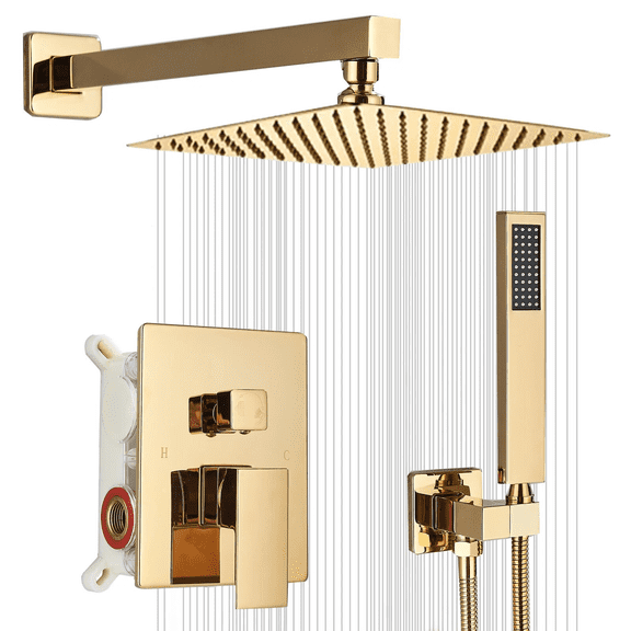 Gold Rainfall 12" Shower Head Combo Set System Faucet Kit with Wall Mixer Valve