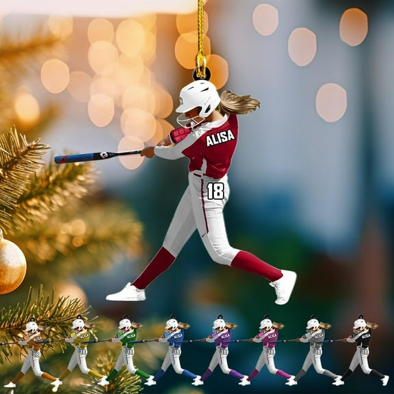 Personalized Softball Ornament Christmas Tree Decoration Custom Softball Christmas Ornament 2D Shape Flat Softball Lover Gifts Beginner Softball Players Ornament Gift (SB4) - 3094 (Red)