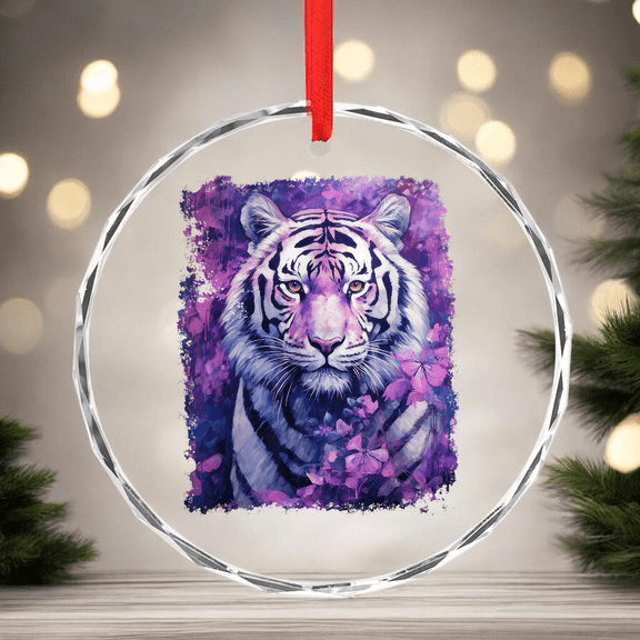 Pop Art Vintage Zoo Animal Tiger Purple CIRCLE GLASS ORNAMENT Home Decor