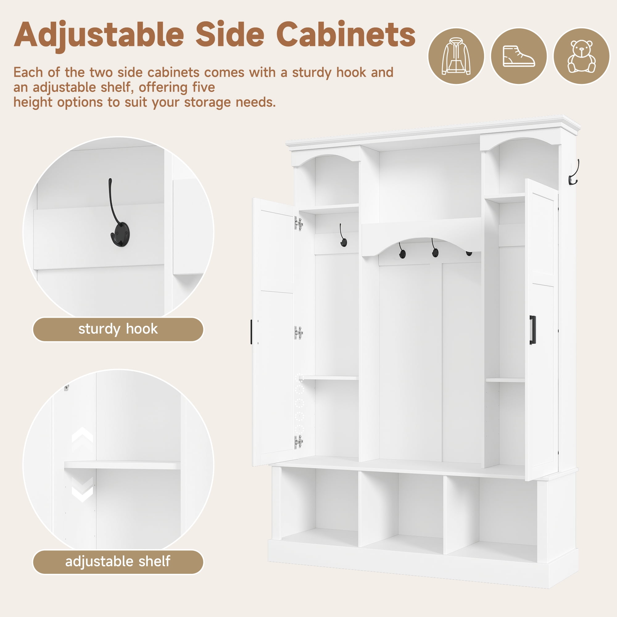 T-Foyer Farmhouse White Hall Tree with 7 Hooks & 2 Cabinets, Wooden Rustic Entryway Organizer with Open Storage & Adjustable Shelves