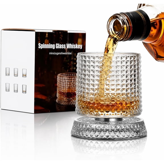 Spinning Whiskey Glasses, 360° Rotating Crystal Whiskey Tumblers | 360° Rotating Whiskey Glasses with Crystal Tumblers, Heavy Base Design for Bourbon, Scotch, Cocktails and Whiskey Lover Gifts