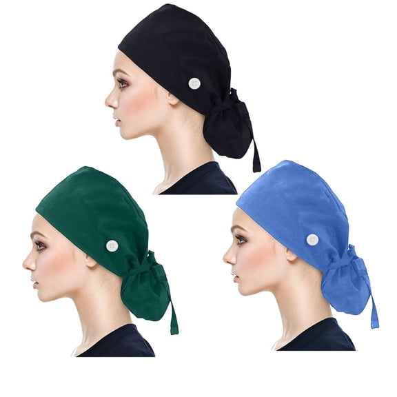 Scrub Cap for Women, Ponytail Pouch Cotton Surgical Hat Sweatband Adjustable Tie Back Nurse Working Cap 3 Pack