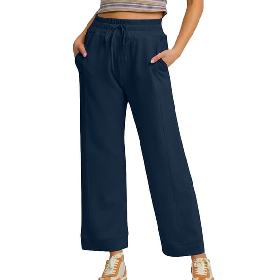 DeHolifer Womens Carpri Pants Elastic Waisted Solid Color Wide Leg Sweatpants Baggy Lounge Travel Jogger Pants Navy M