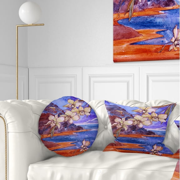 Designart White Orchid with Sea - Floral Throw Pillow - 12x20
