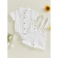 thumbnail image 4 of BemeyourBBs Baby Boy Formal Gentleman Wedding Outfit Christening Baptism Outfits Cotton Linen Summer Dress Clothes Short Sleeve Button Down Lapel Bowtie Bodysuit Shirts Suspender Shorts Set, 4 of 9