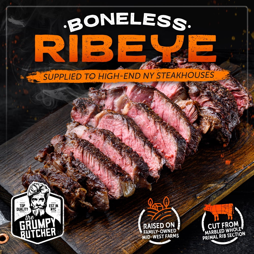 Grumpy Butcher Prime Steakhouse Beef Steak Meat, Large Thick Ribeye Steaks, 4 ct Pack, 14 oz Vacuum Bag