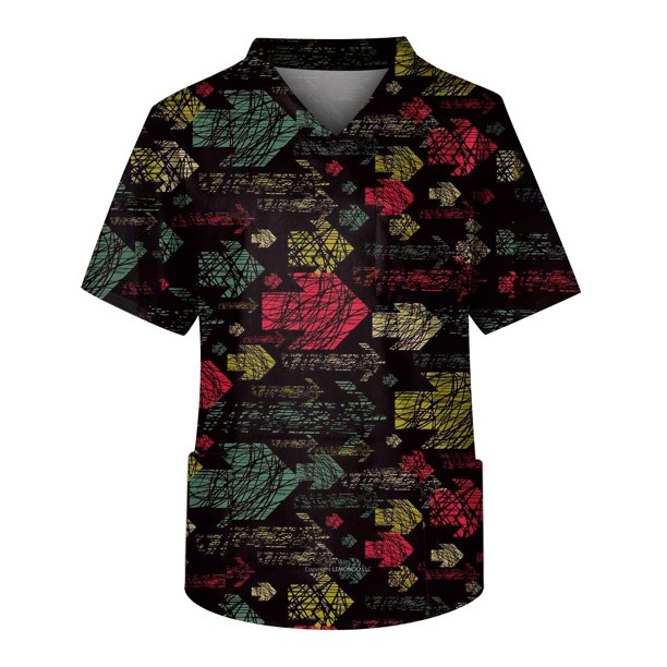 Men's Printing Short Sleeve V-neck Working Blouse Chest Pocket Carer Top L