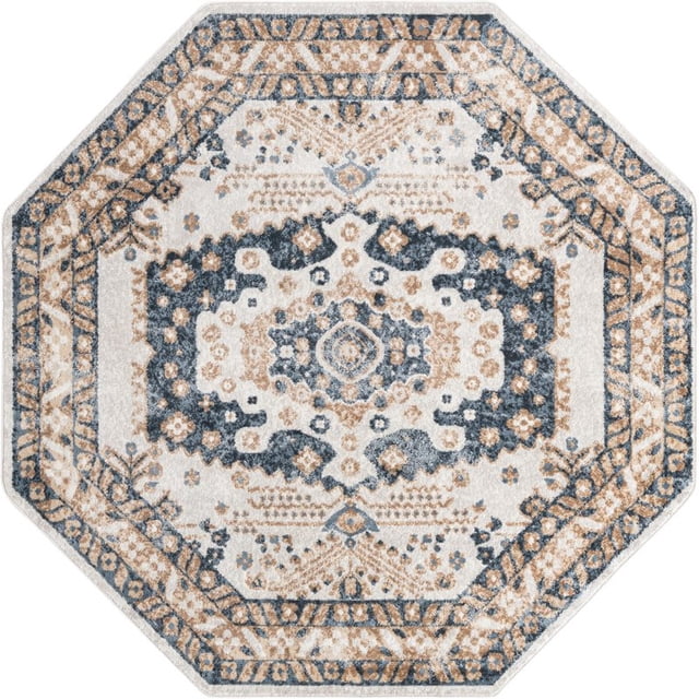 Unique Loom Oxford Medallion Border Rug 7' x 7' Octagon Ivory/Blue