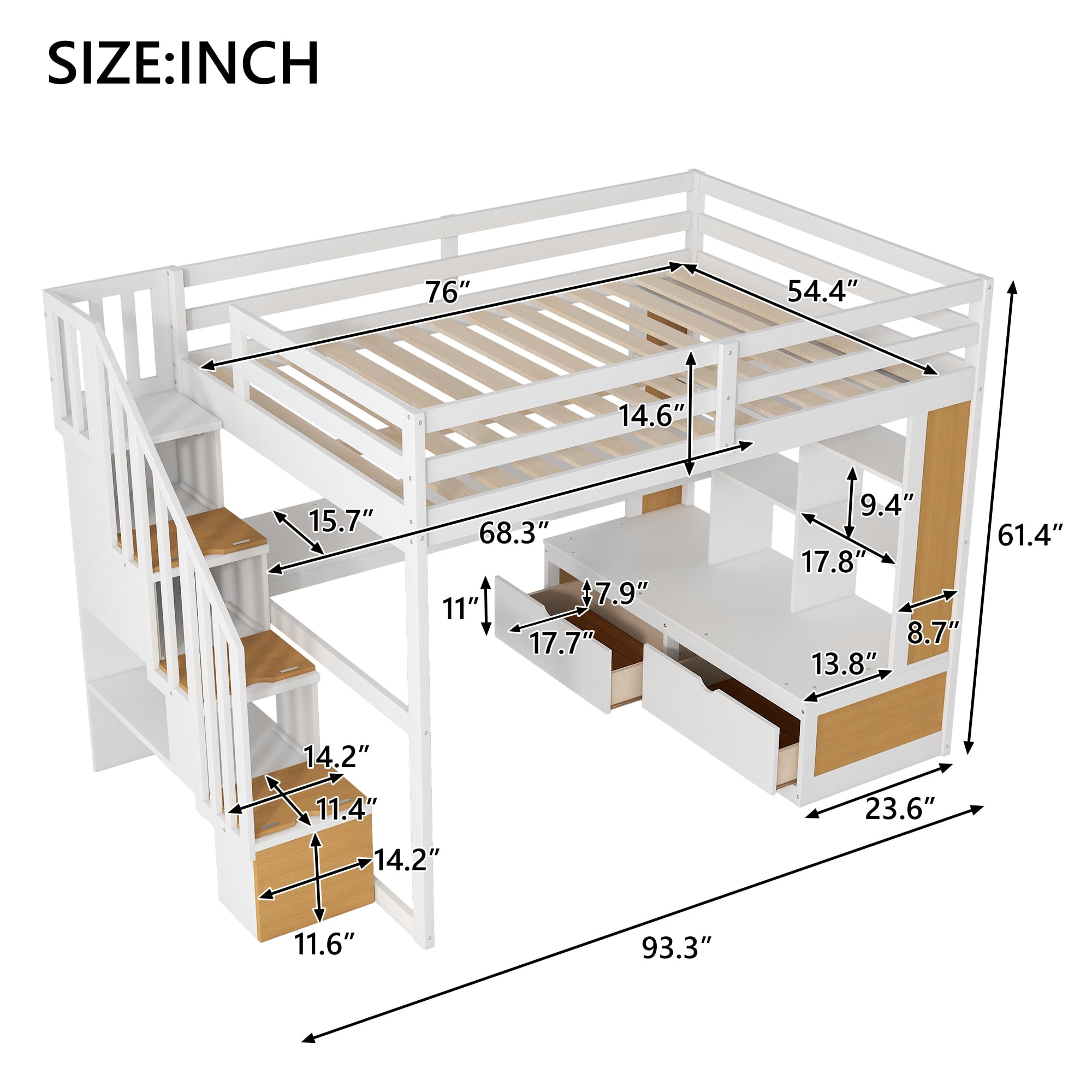 Euroco Modern Wood Full Size Loft Bed with Desk and Shelves, Storage Staircase and Drawers for Kids Teens, Wood