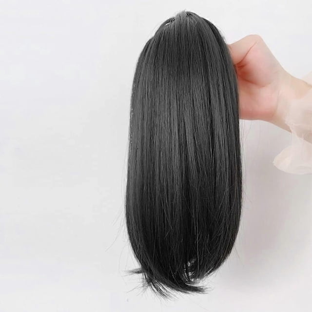 Extensión de cabello de cola de caballo corta, lisa, color negro natural, con clip en la mandíbula, resistente al calor, para mujer.
