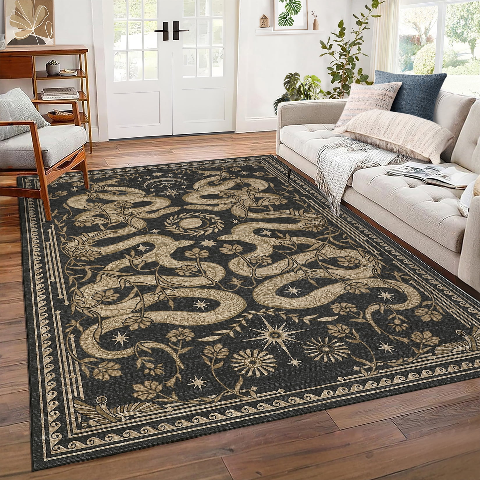 Garvee 5'x7' Modern Snake Printed Area Rug Washable Living Room Rug, Forest Low Pile Stain Resistant Rug Non Slip Carpet for Bedroom Dining Room, Dark Gray