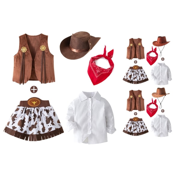 VOUZZA Cowboy Girls 5-Piece Outfit Long Sleeve Shirt Cardigan Vest Denim Skirt Hat Western Kids Clothes Set Matching Suits