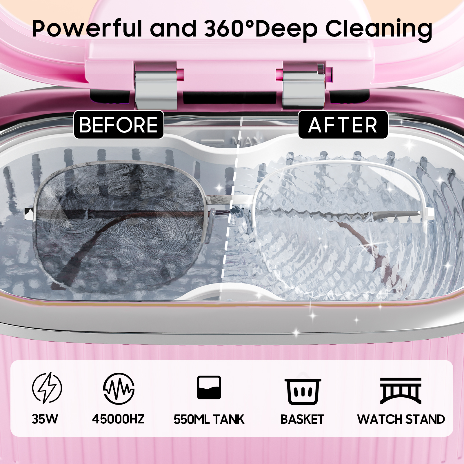 Professional Ultrasonic Cleaner with 200ML Solution, 45KHz 20oz Jewelry Cleaner Ultrasonic Machine with Basket Watch Stand for Rings, Necklaces, Eyeglasses, Dentures, Retainers