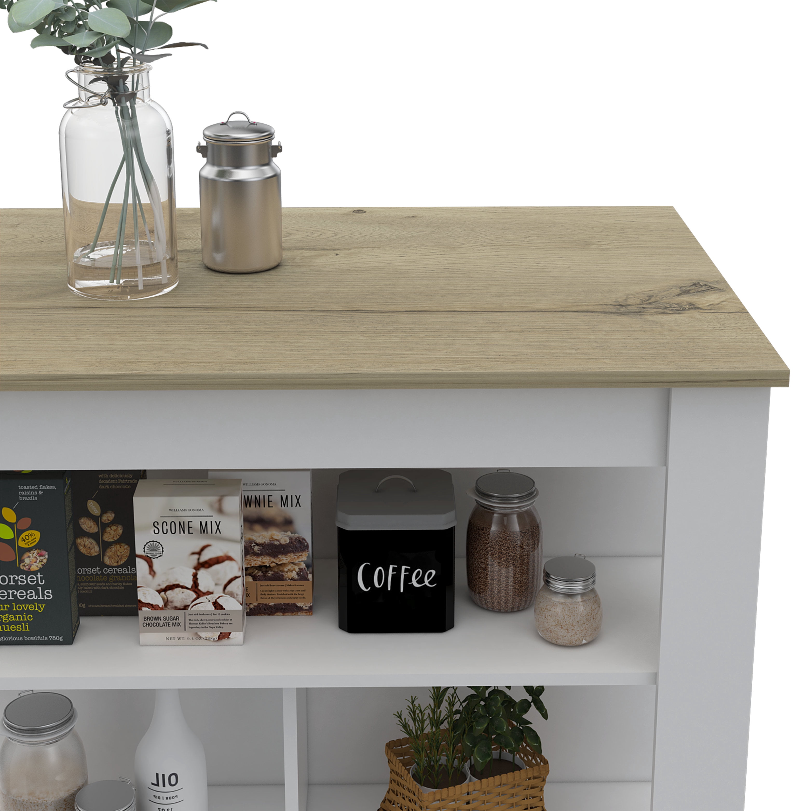 TUHOME Freestanding Cala 3-Shelf Wooden Kitchen Island, White Base/Light Oak Top
