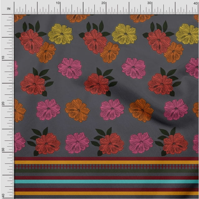 oneOone Polyester Lycra Fabric Stripe & Floral Panel Decor Fabric Printed BTY 56 Inch Wide