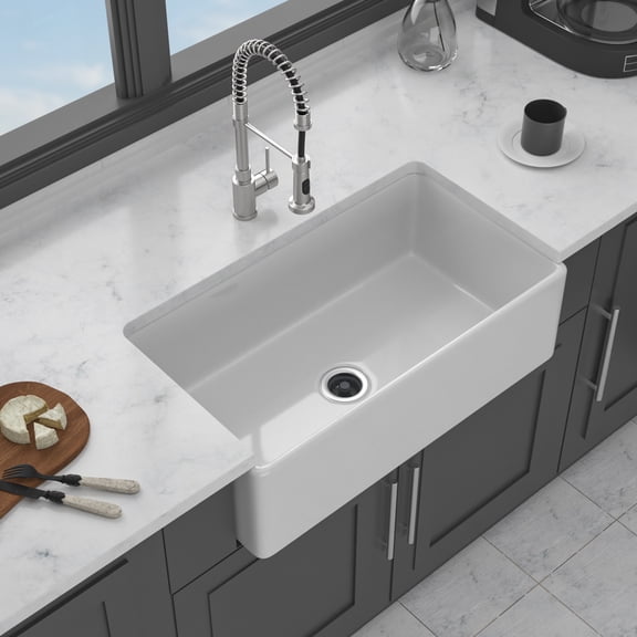 Boyuevi 33" White Farmhouse Sink - 33 x 18 x 10 inch Kitchen Sink Apron-front White Porcelain Ceramic Reversible Single Bowl Kitchen Farm Sinks