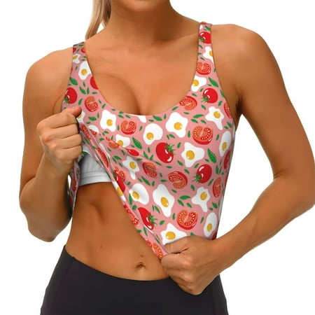 Qokaie Tomatoes Pattern Womens Scoop Neck Sports Bra Breathable Workout Vest Padded U Back Medium Impact Fitness Gym Yoga Bra Workout Crop Top