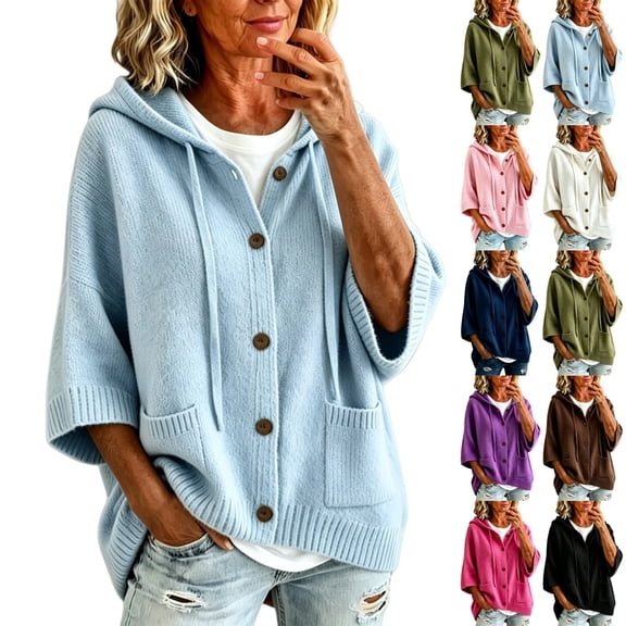 Endives Womens Cardigan Sweaters Hooded 3/4 Length Sleeve Knit Cardigan Button Front Loose Casual Oversized Sweater Coat With Pockets Cardigan Sweaters for Women Light Blue M